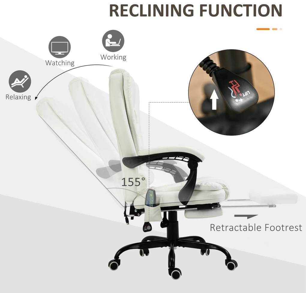 Vinsetto Scaun de birou de masaj, scaun de birou, scaun ergonomic cu înălțime reglabilă, spătar inclinabil și telecomandă cu fir, suport pentru picioare retractabil și pivotant la 360°, alb | Aosom Romania