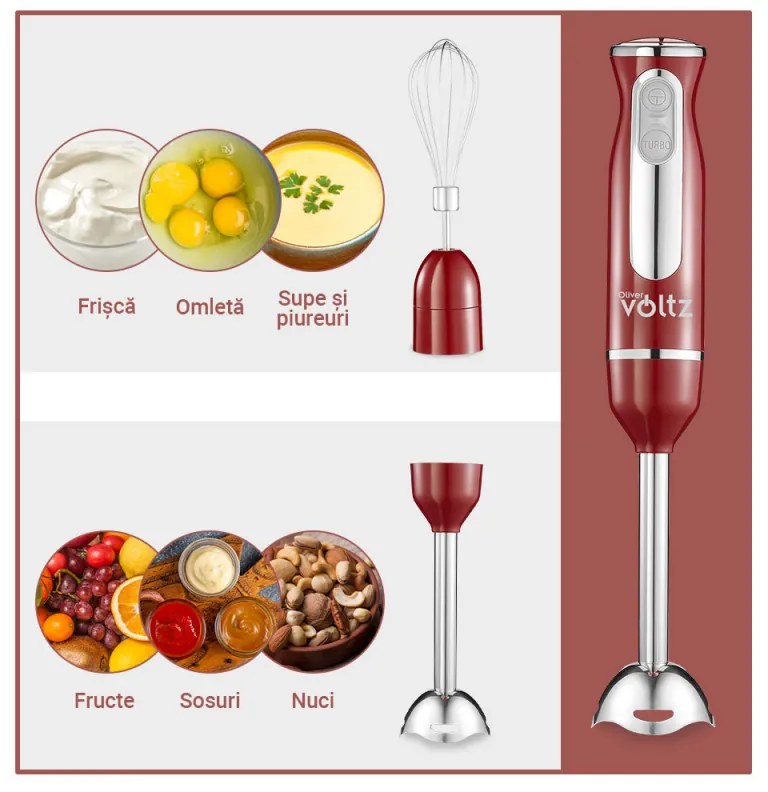 Set blender, tocator si mixer 3 in 1 Oliver Voltz OV51112KSC, 800W, Otel, 2 viteze, Turbo, Rosu