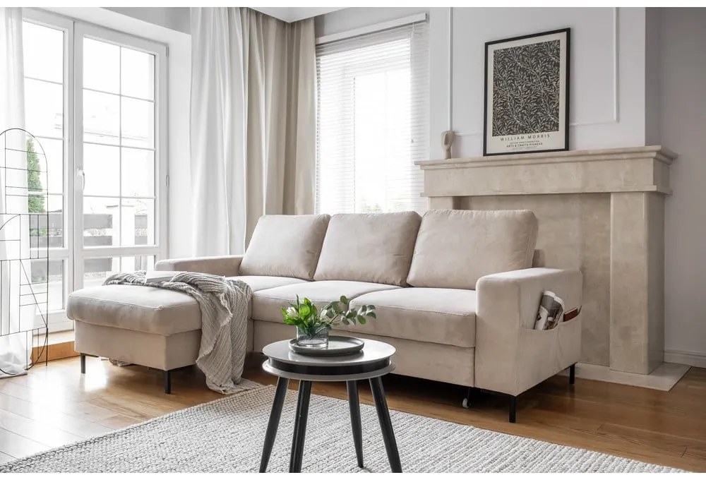 Colțar bej extensibil cu tapițerie din catifea reiată (cu colț pe partea stângă ) Lofty Lilly – Miuform