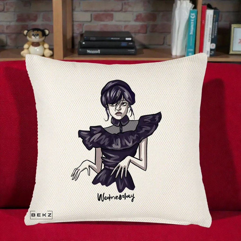 Perna Personalizata Wednesday Addams Dans Gotic, 40x40 cm, Crem Reliefat, Husa Detasabila, Perna Inclusa, BEKZ®