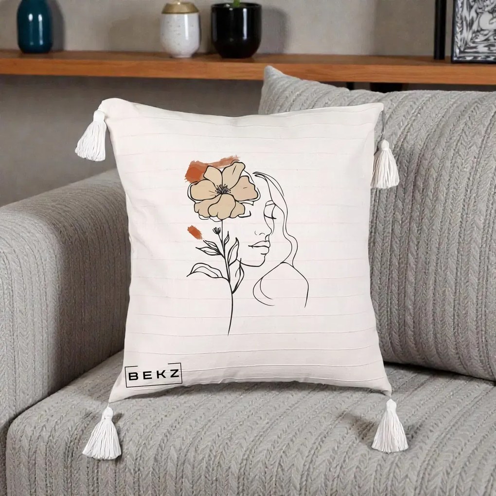 Perna Decorativa Portret Feminin Floare Bej Terracotta, 40x40 cm, Bej cu Franjuri, Husa Detasabila, Perna Inclusa, BEKZ®