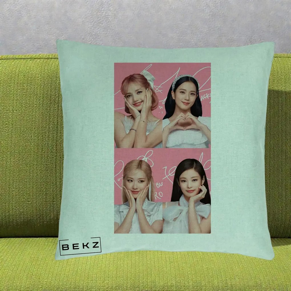 Perna Personalizata K-pop BLACKPINK Colaj Roz, 40x40 cm, Verde Menta, Husa Detasabila, Perna Inclusa, BEKZ®