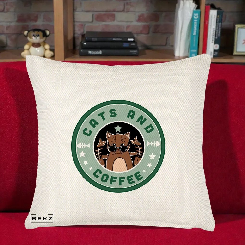 Perna Personalizata Cats and Coffee Starbucks, 40x40 cm, Crem Reliefat, Husa Detasabila, Perna Inclusa, BEKZ®