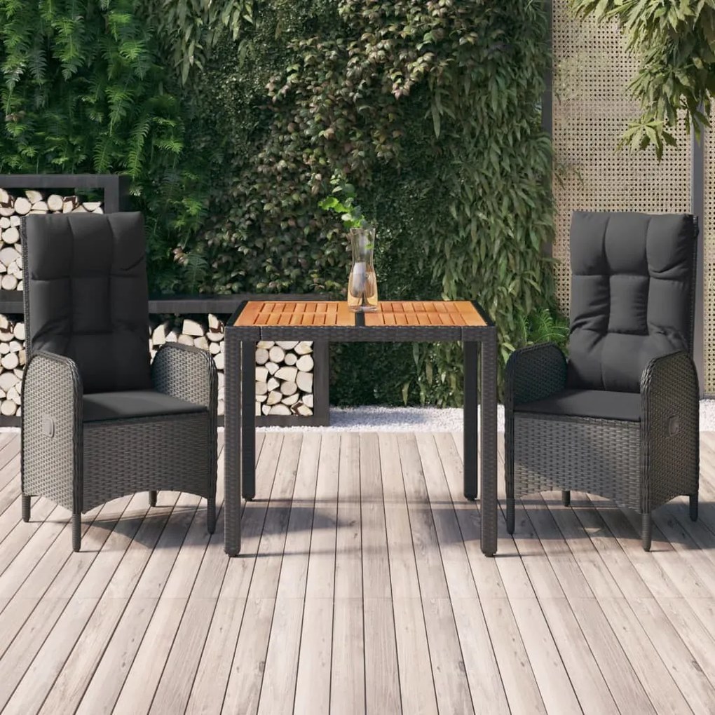 vidaXL Set mobilier de grădină cu perne, 3 piese, negru, poliratan
