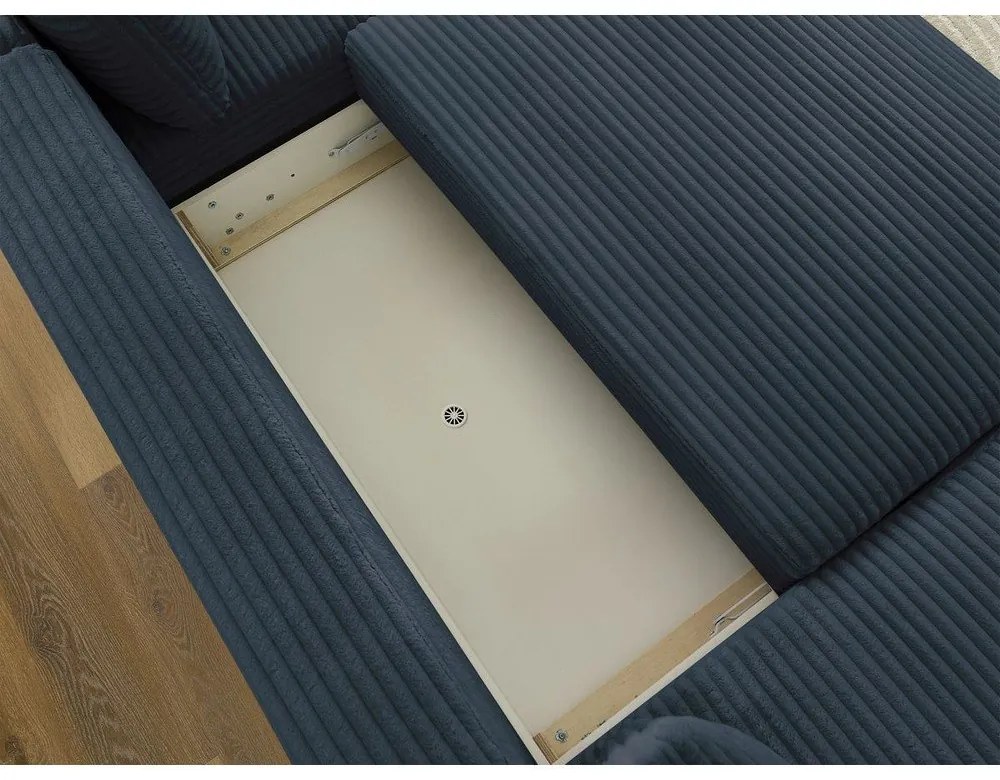 Colțar albastru închis extensibil/cu spațiu de depozitare cu tapițerie din catifea reiată (cu colț pe partea dreaptă/în formă de "U") Lucien – Bobochic Paris