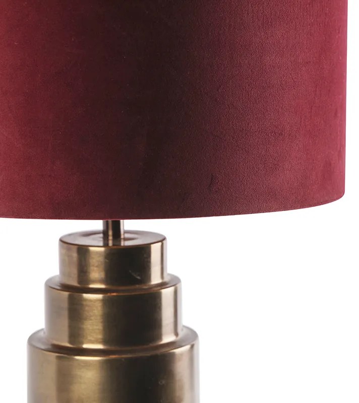 Lampă de masă Art Deco din bronz cu abajur din catifea roșie cu auriu 40 cm - Bruut