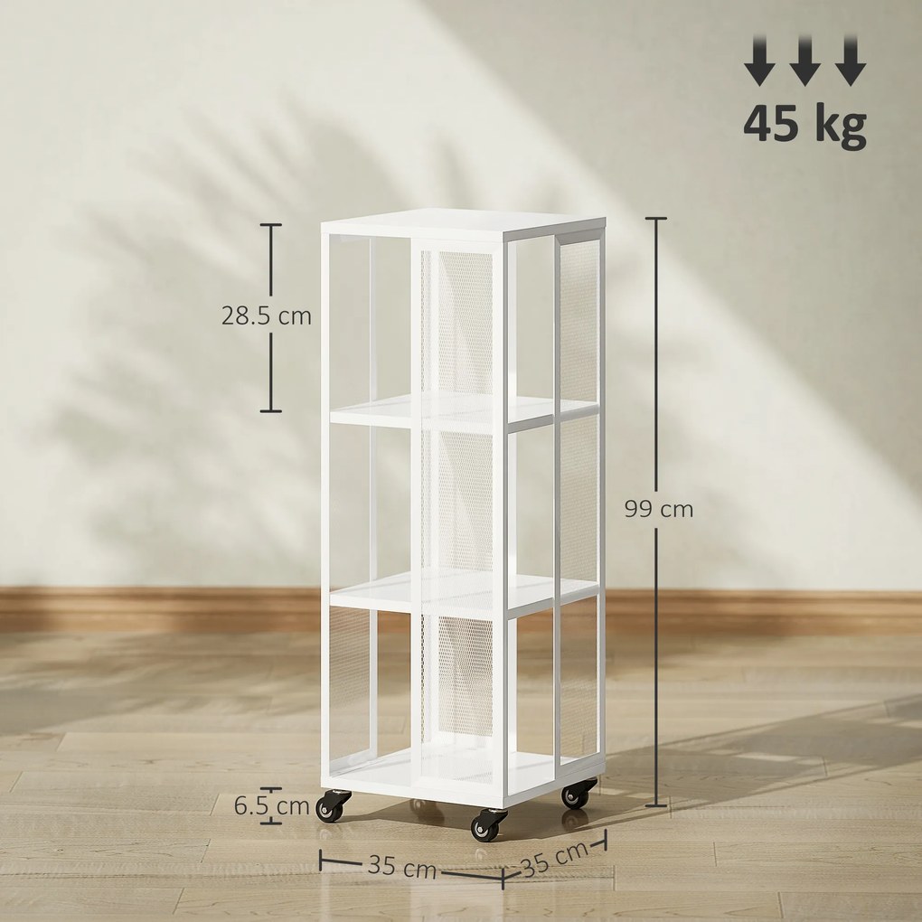 HOMCOM Bibliotecă Modernă cu 3 Rafturi și Roți, 35x35x99 cm, Alb | Aosom Romania