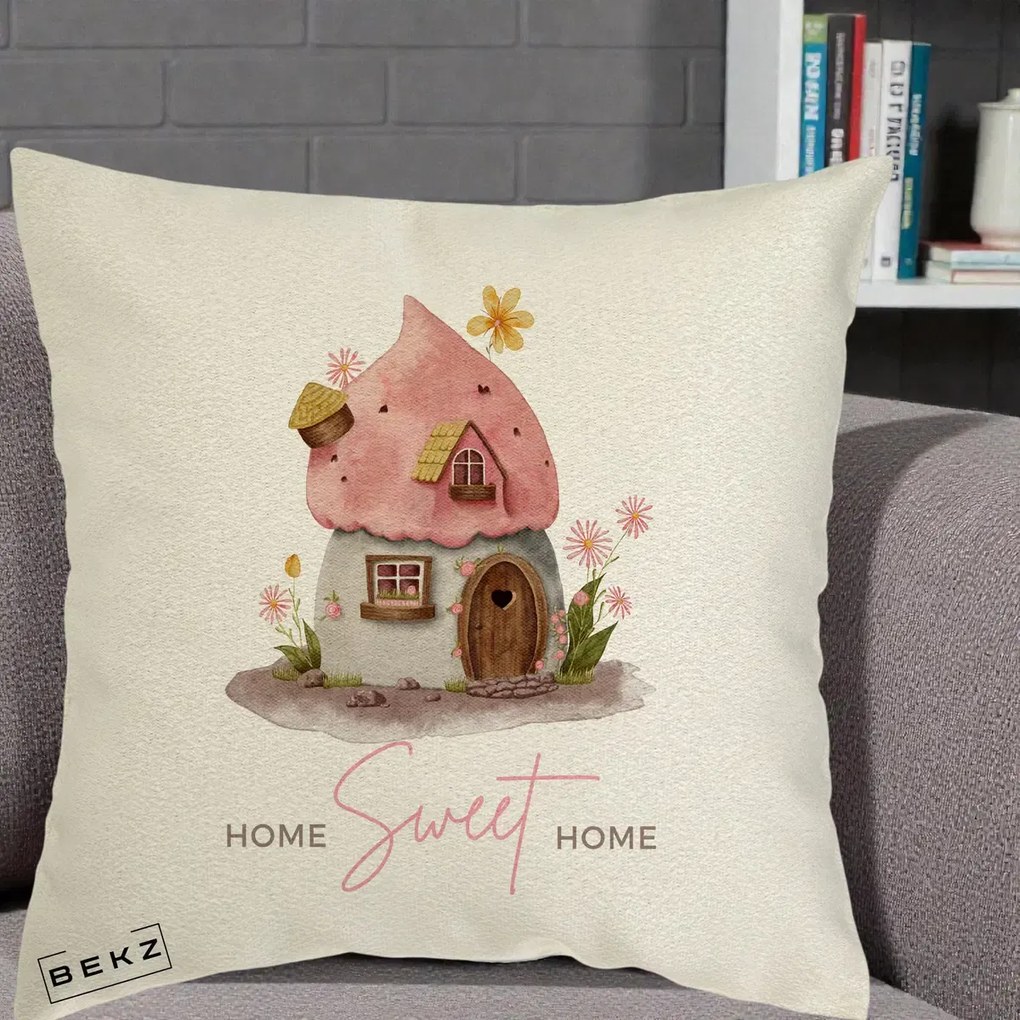Perna Decorativa Home Sweet Home Casuta, 40x40 cm, Ecru, Husa Detasabila, Perna Inclusa, BEKZ®