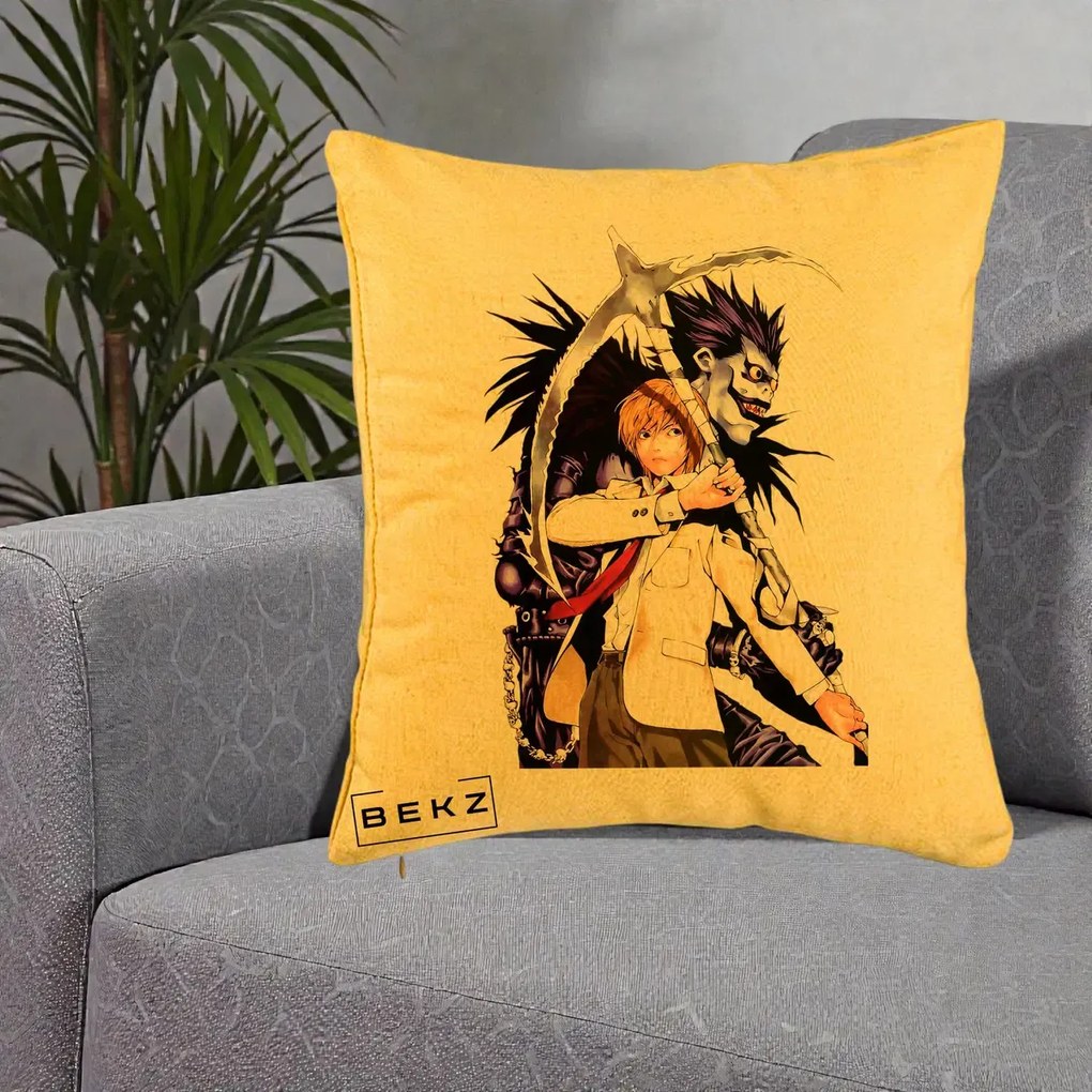 Perna Personalizata Death Note Light si Ryuk Duo, 40x40 cm, Galben, Husa Detasabila, Perna Inclusa, BEKZ®