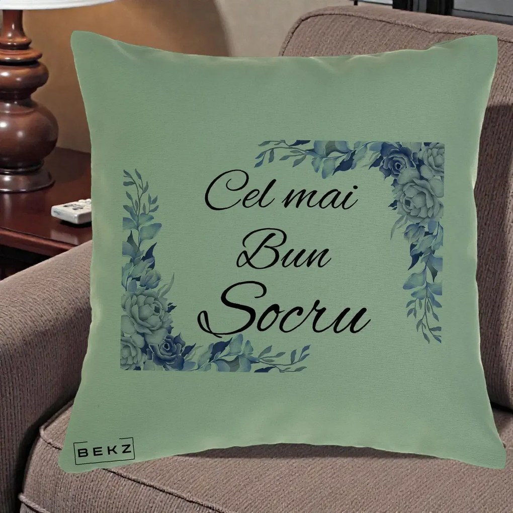 Cadou pentru Socru - Perna Personalizata Cel mai Bun Socru cu Flori Albastre Acuarela, 40x40 cm, Verde, Husa Detasabila, Perna Inclusa, BEKZ®