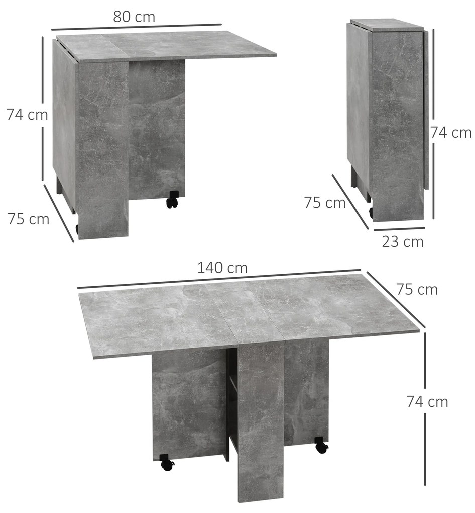 Masa Pliabila HOMCOM din Lemn pentru 4-6 Persoane cu Roti, 75x140x74cm, Gri | Aosom RO