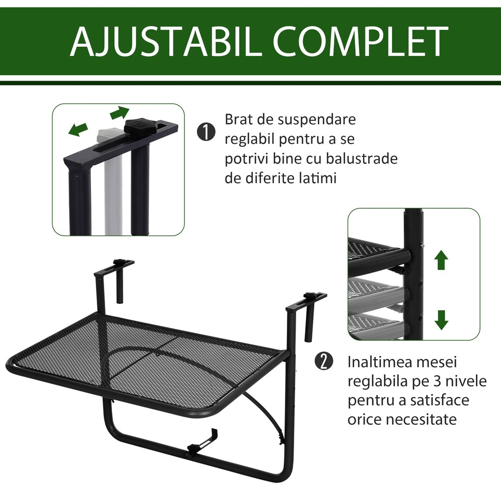 Outsunny Măsuță Suspendabilă pentru Balcon cu Brațe și Raft Reglabile, Design Compact, 60x56.5x45cm, Negru | Aosom Romania