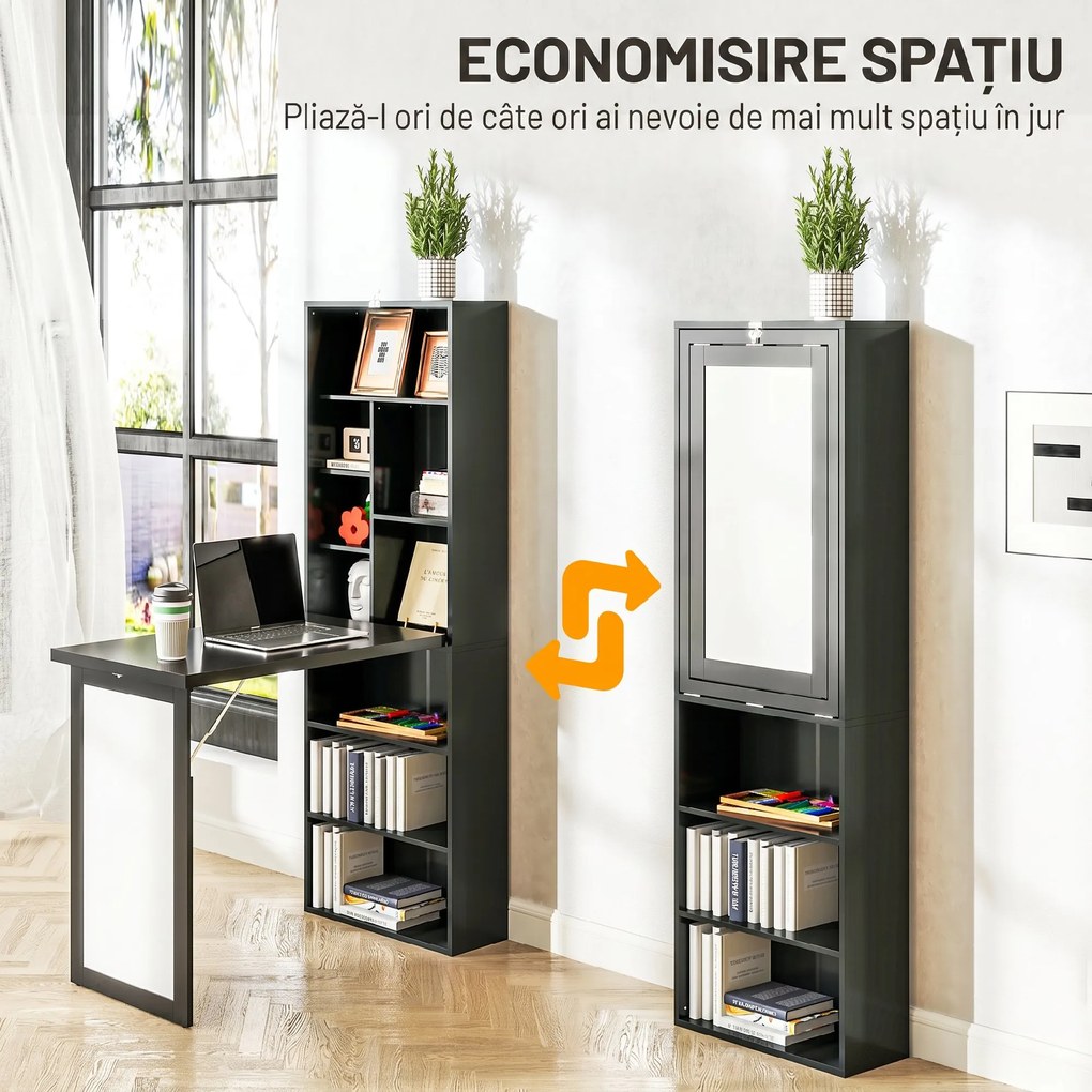 HOMCOM Birou Modern Pliabil cu Bibliotecă și Tablă, din Lemn și Metal, 98x51x153 cm, Negru | Aosom Romania