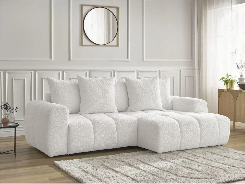 Colțar alb extensibil/cu spațiu de depozitare cu tapițerie din țesătură bouclé (cu colț pe partea dreaptă/cu șezlong) Roxelane – Bobochic Paris