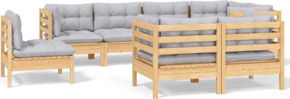 vidaXL Set mobilier de grădină cu perne gri, 8 piese, lemn masiv pin