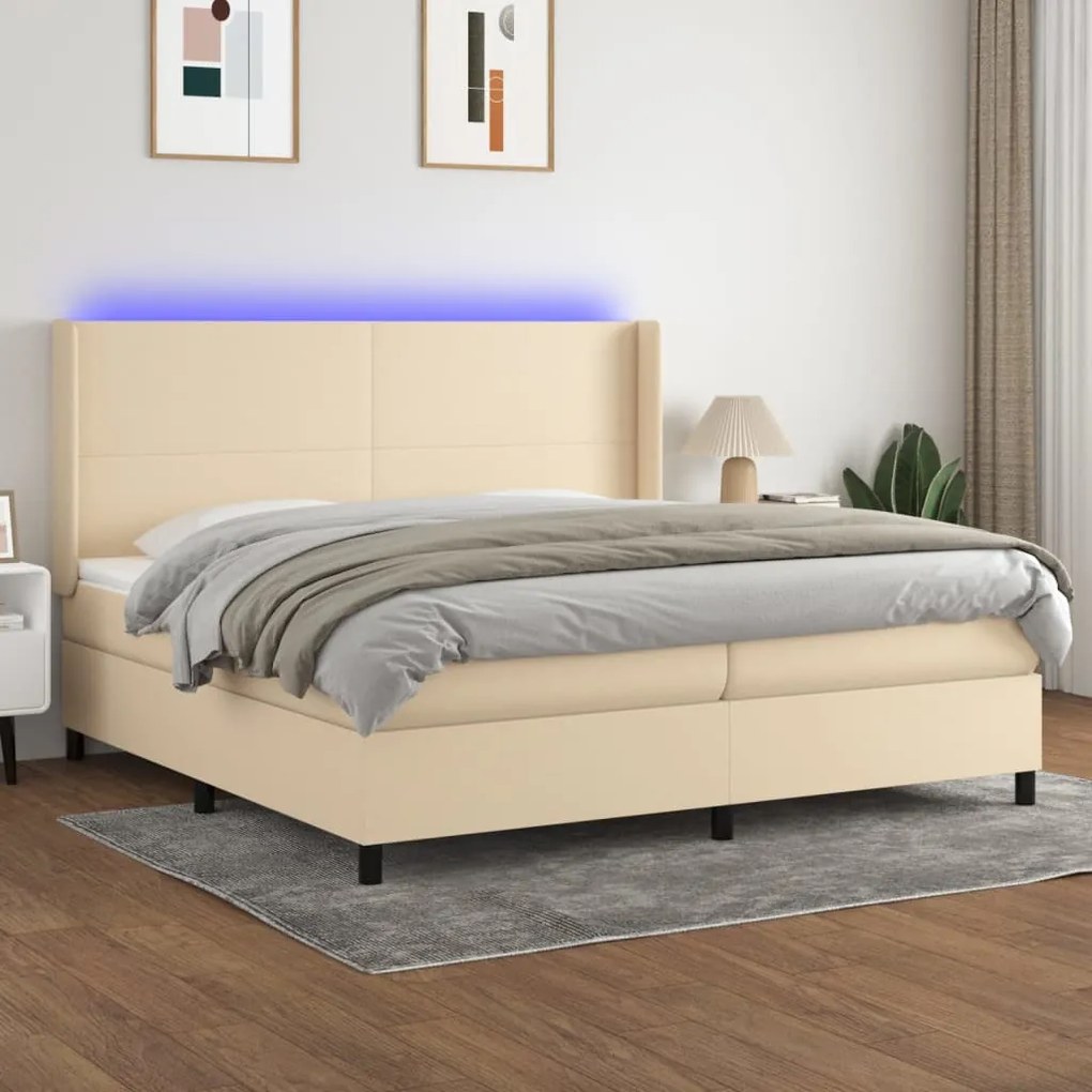 vidaXL Pat cu arcuri, saltea și LED, crem, 200x200 cm, textil