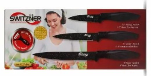 Set cuțit și decojitor Switzňer SW-5555-BLK, 4 piese, Decojitor, Acoperire ceramică, Ascuțire laser, Oțel inoxidabil, Negru