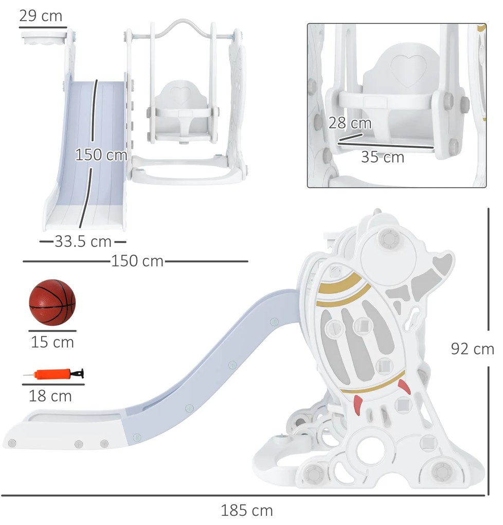 AIYAPLAY Set Tobogan cu Leagăn și Coș de Baschet pentru Copii 18-48 Luni, 150x185x92 cm, Gri | Aosom Romania