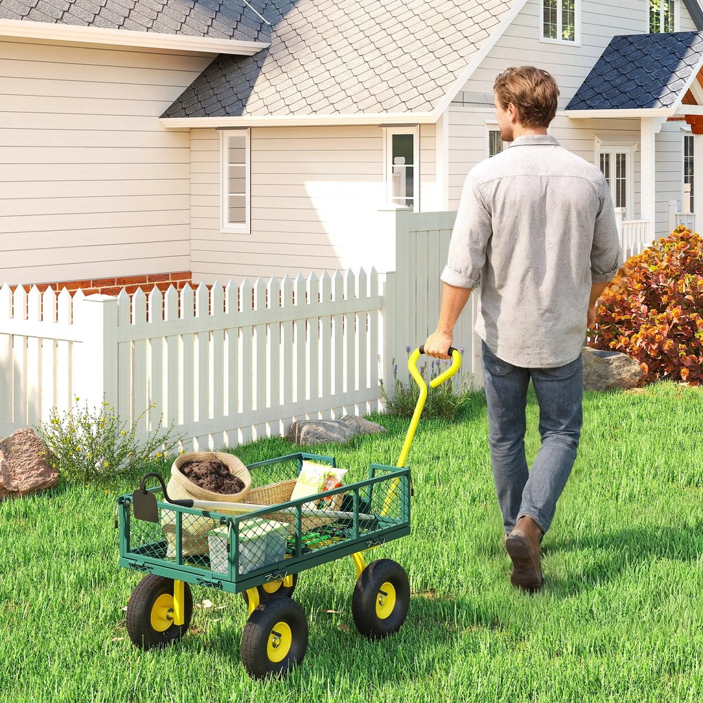Outsunny Cărucior de Grădină Robust, Remorcă din Oțel cu Pereți Laterali Detașabili, Convertibil în Platformă, Roți de 25cm, Mâner Rotativ la 180°, Capacitate 200 kg, pentru Plajă, Peluză și Grădină, Verde | Aosom Romania