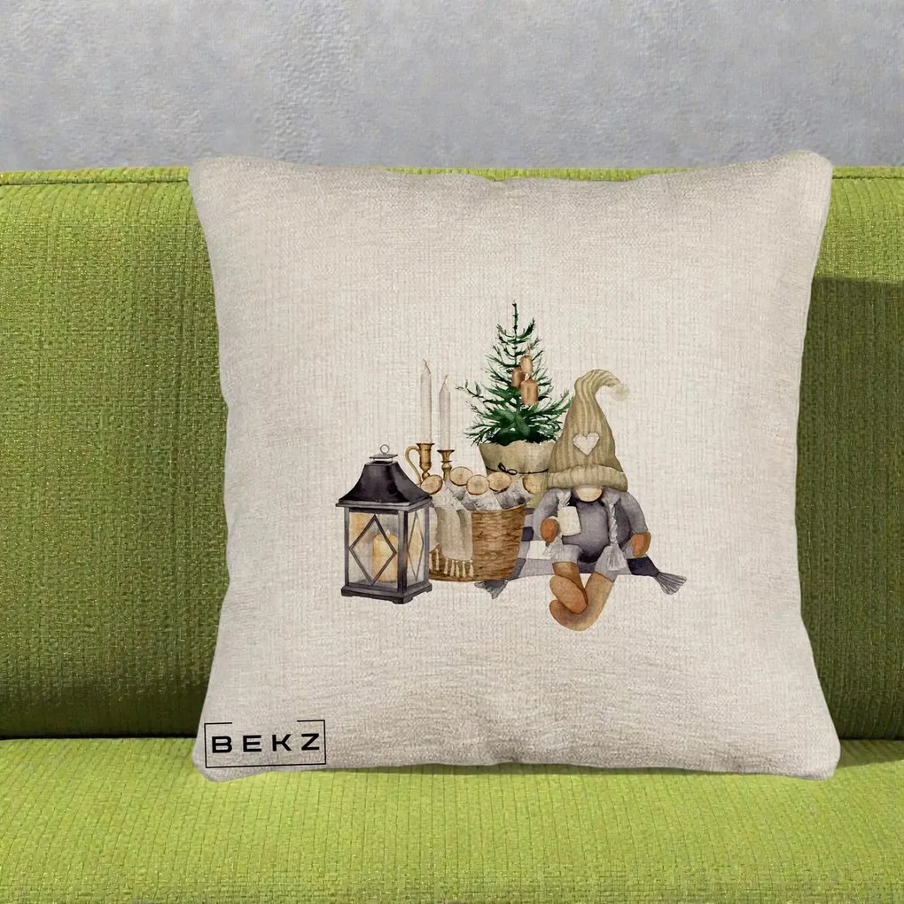 Perna Decorativa Gnom Scandinav cu Felinar, 40x40 cm, Bej Canapea, Husa Detasabila, Perna Inclusa, BEKZ®