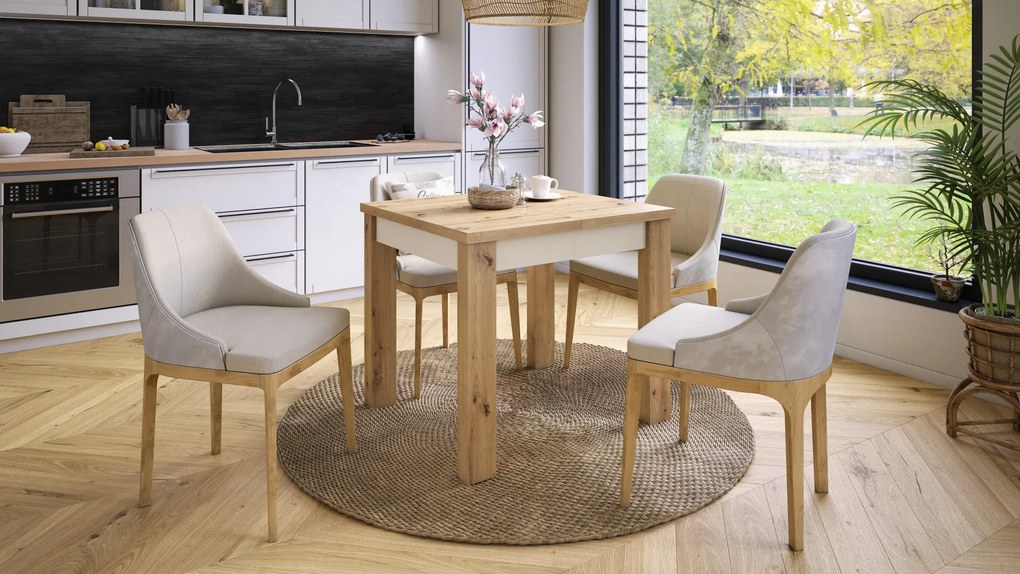 Mazzoni FONTE Stejar Artisan / Bej (Șampanie) - MASĂ CLASICĂ DE BUCĂTĂRIE/LIVING EXTENSIBILĂ PÂNĂ LA 130 cm!