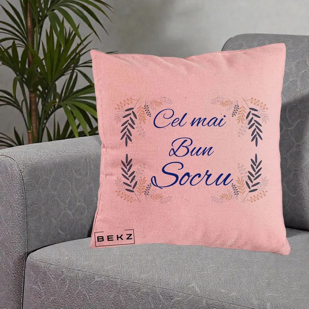Cadou pentru Socru - Perna Personalizata Cel mai Bun Socru cu Ramuri Frunze Albastre si Aurii, 40x40 cm, Roz, Husa Detasabila, Perna Inclusa, BEKZ®