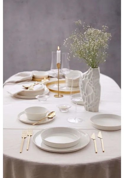 Set de veselă 24 piese din porțelan alb, cu accente aurii