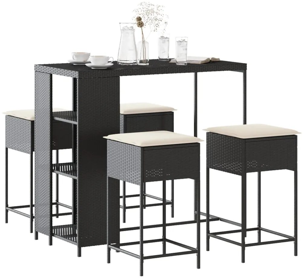 vidaXL Set mobilier bar de grădină cu perne, 5 piese, negru, poliratan