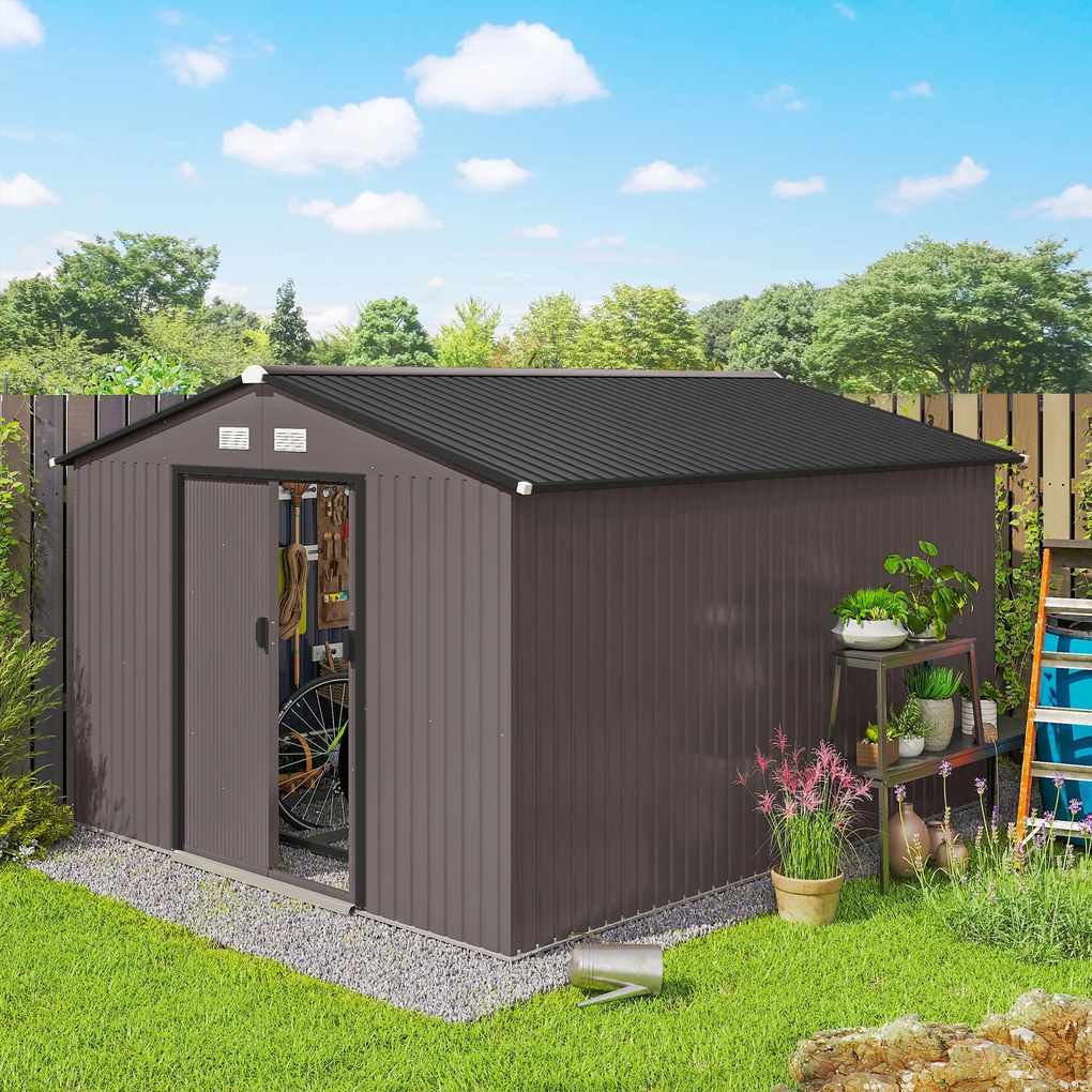 Outsunny Magazie de Grădină 8.3m² din Oțel Zincat, Uși Duble Glisante, 277x322x192 cm, Maro | Aosom Romania
