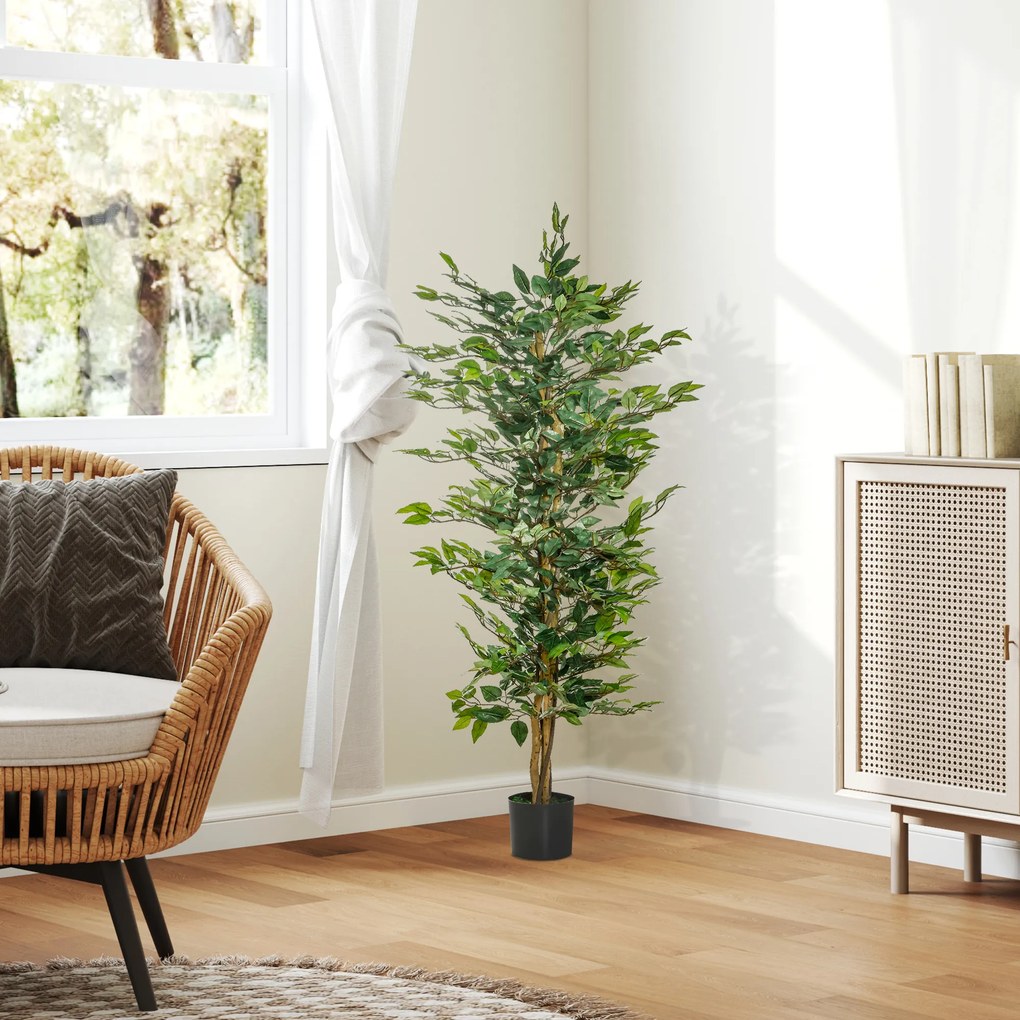 HOMCOM Plantă Ficus Falsă, Plantă Înaltă de 150cm, Plantă Artificială Decorativă pentru Interior și Exterior, Ø17x14.5 cm, Verde | Aosom Romania