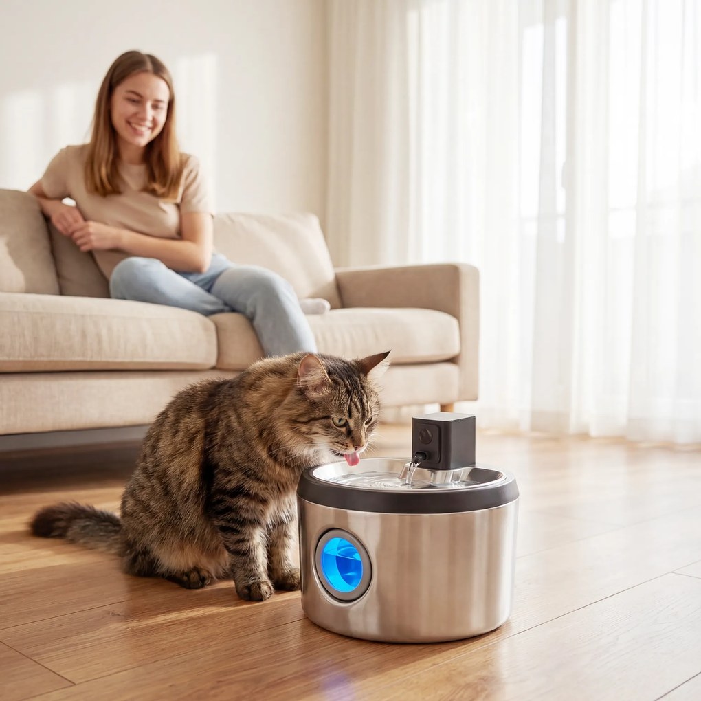 PawHut Fântână pentru pisici 4 L fără fir din oțel inoxidabil cu senzor de mișcare, 12 filtre, sistem dublu de filtrare, LED, Argintiu | Aosom Romania