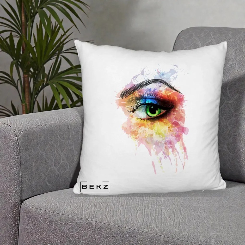 Perna Decorativa Ochi Verde Acuarela, 40x40 cm, Alb Pufos, Husa Detasabila, Perna Inclusa, BEKZ®