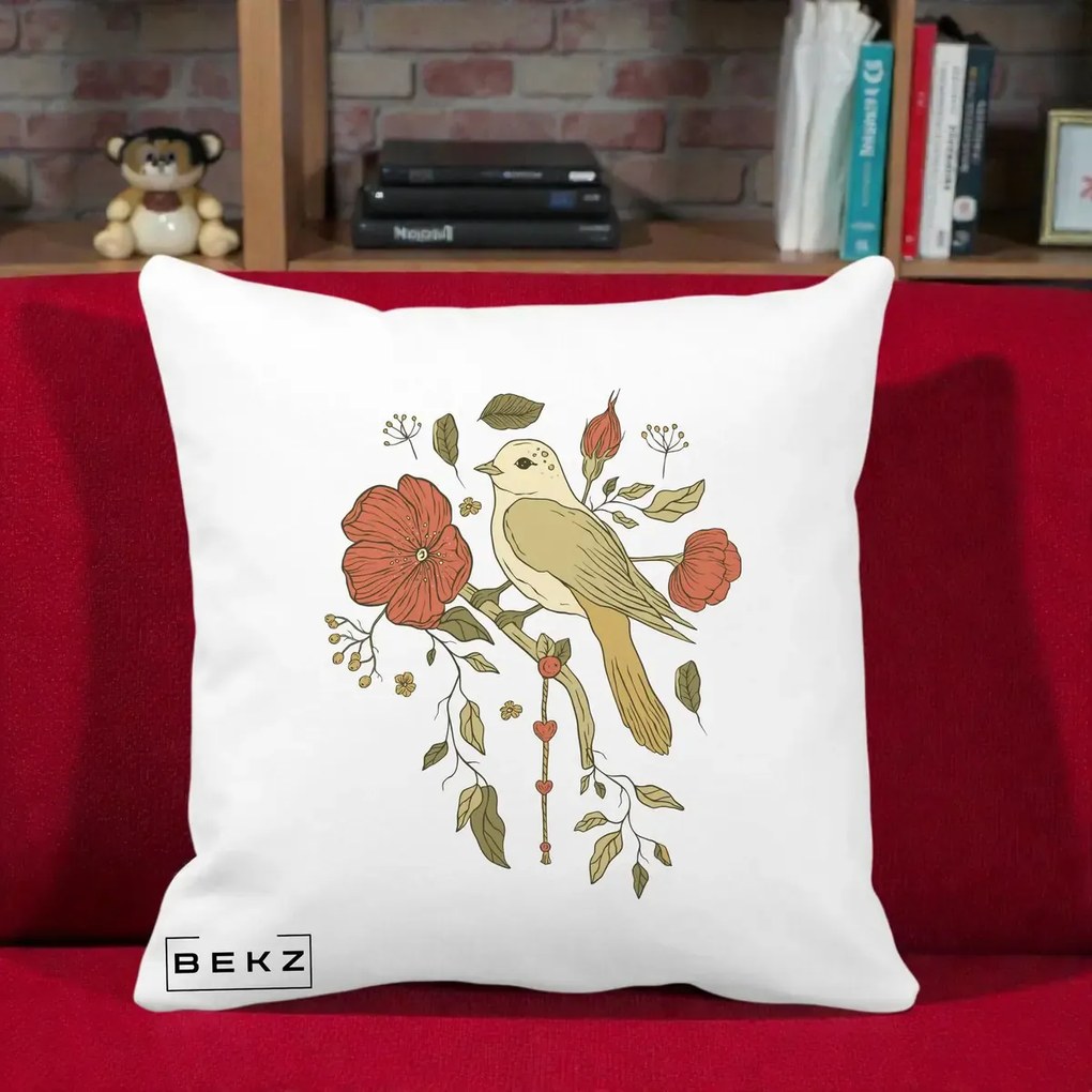 Perna Decorativa Pasare pe Ramura cu Maci, 40x40 cm, Alba Mata, Husa Detasabila, Perna Inclusa, BEKZ®
