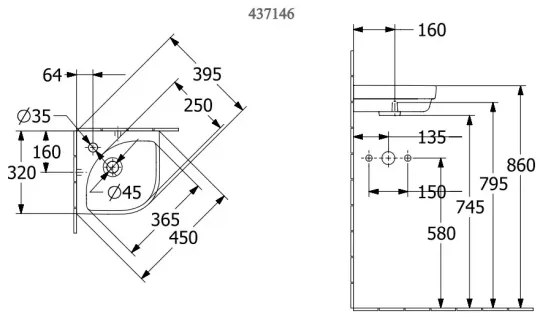 Villeroy & Boch 43714601 - Lavoar suspendat de colț SUBWAY 32 x 32 cm, ceramică, alb