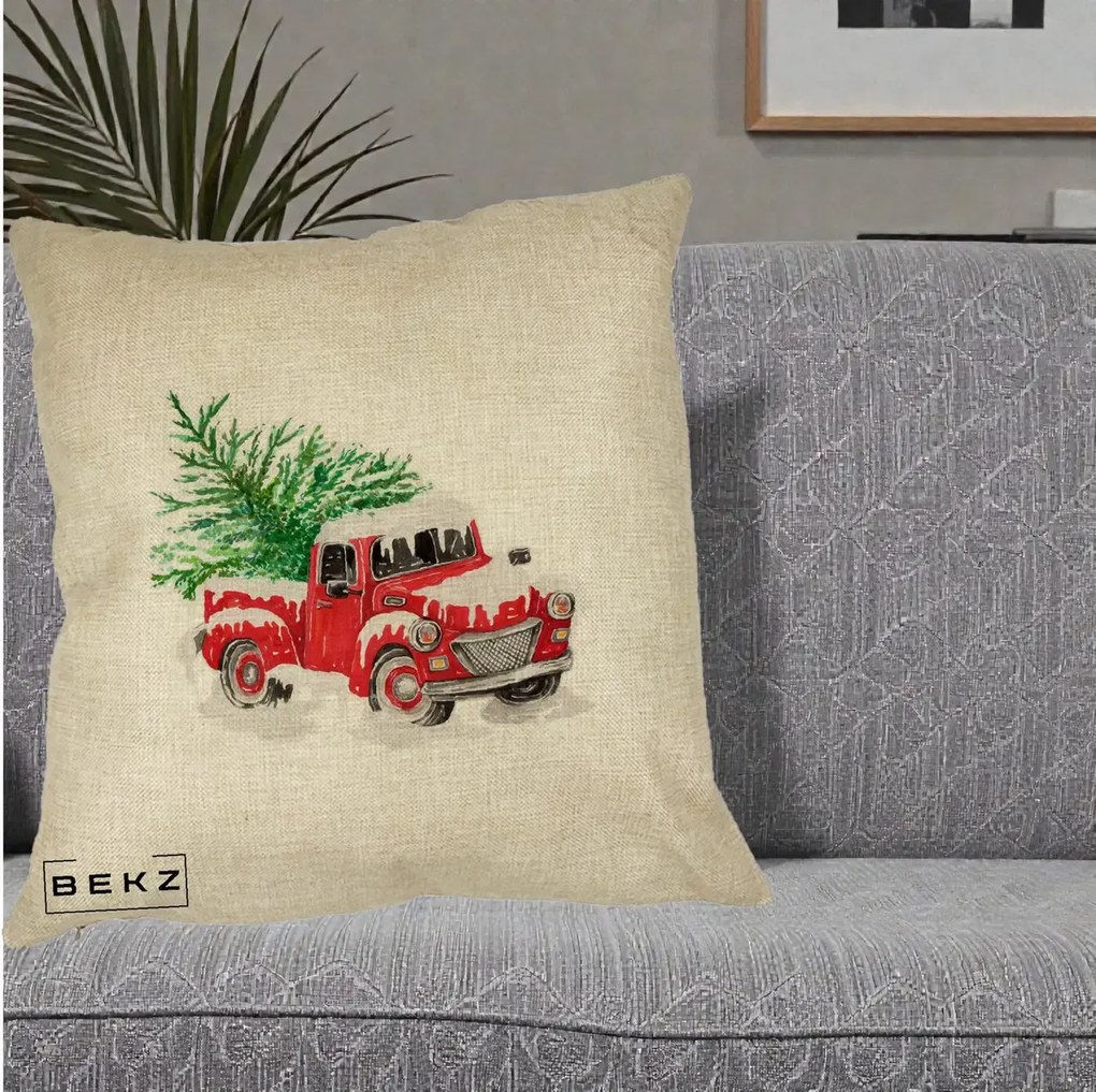 Perna Decorativa Camioneta Rosie Brad de Craciun, 40x40 cm, Crem, Husa Detasabila, Perna Inclusa, BEKZ®