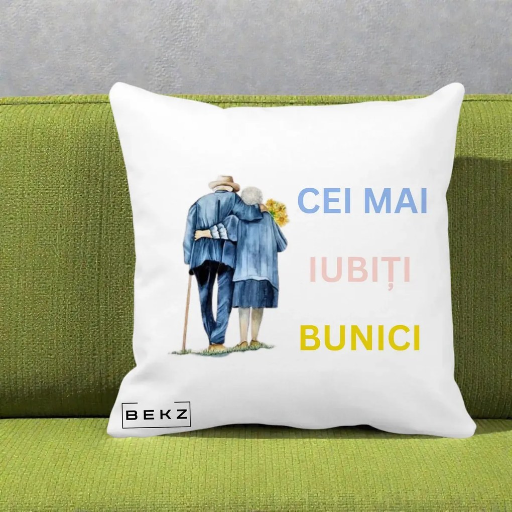 Cadou pentru Bunici - Perna Personalizata Cei Mai Iubiti Bunici Acuarela Spate, 40x40 cm, Alba Mata, Husa Detasabila, Perna Inclusa, BEKZ®