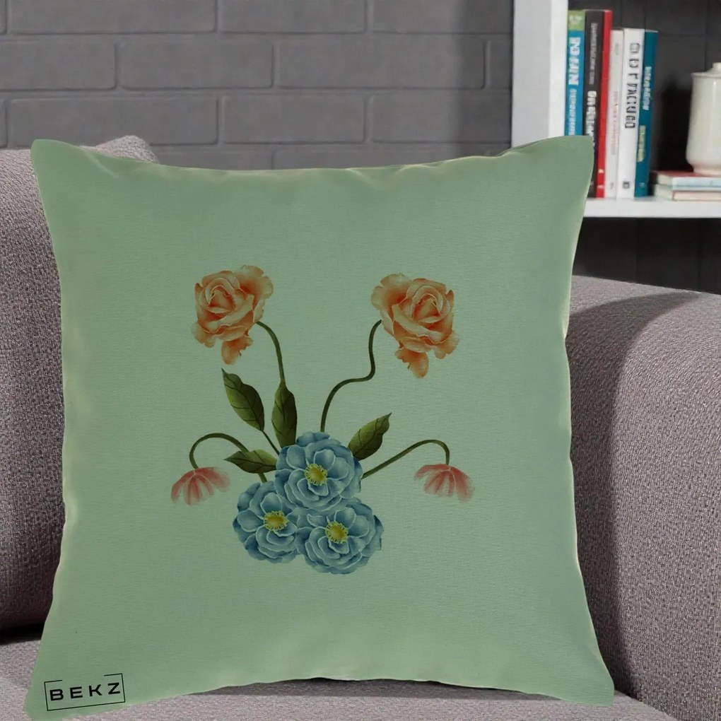 Perna Decorativa Trandafiri si Bujori Acuarela, 40x40 cm, Verde, Husa Detasabila, Perna Inclusa, BEKZ®