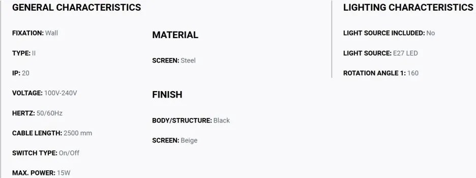 Aplica de perete metal ajustabila DOMINICA negru, bej
