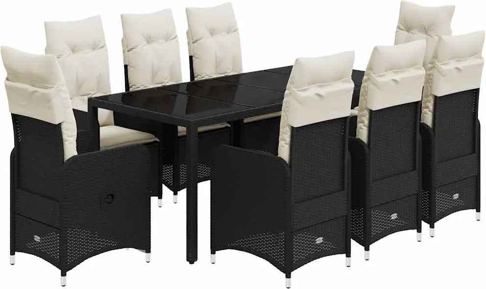 vidaXL Set bistro de grădină, 9 piese, cu perne, negru, poliratan