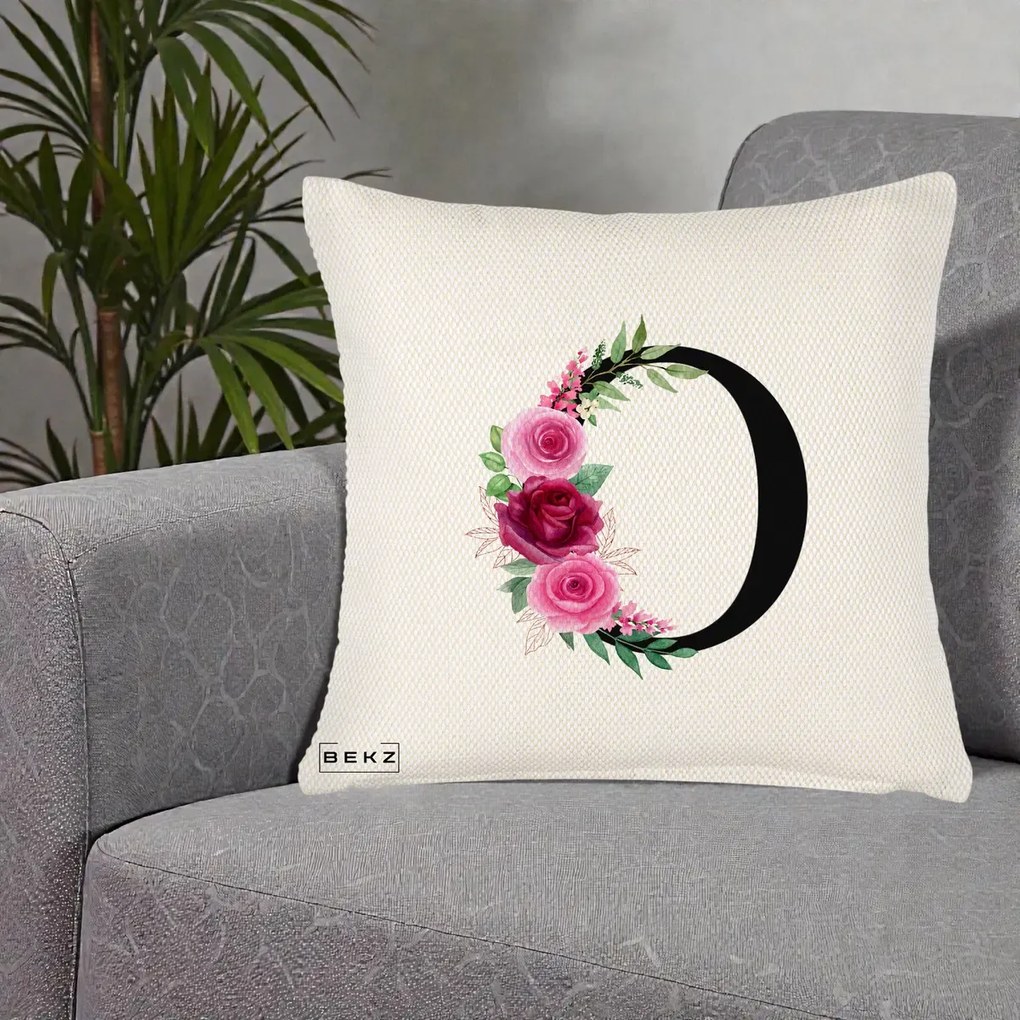 Cadou Personalizat - Perna Personalizata Monograma Florala Litera O, 40x40 cm, Crem Reliefat, Husa Detasabila, Perna Inclusa, BEKZ®