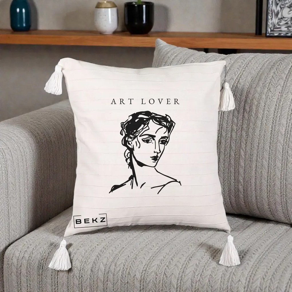 Perna Decorativa Art Lover Portret Grafic, 40x40 cm, Bej cu Franjuri, Husa Detasabila, Perna Inclusa, BEKZ®