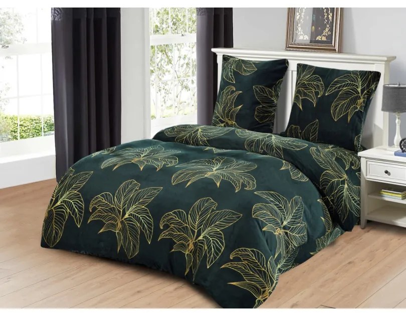 Lenjerie de pat de pluș verde cu monstera Dimensiune: 200x220 + 2x 70x80
