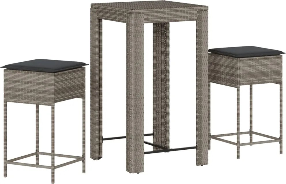 vidaXL Set mobilier bar de grădină, cu perne, 3 piese, gri, poliratan