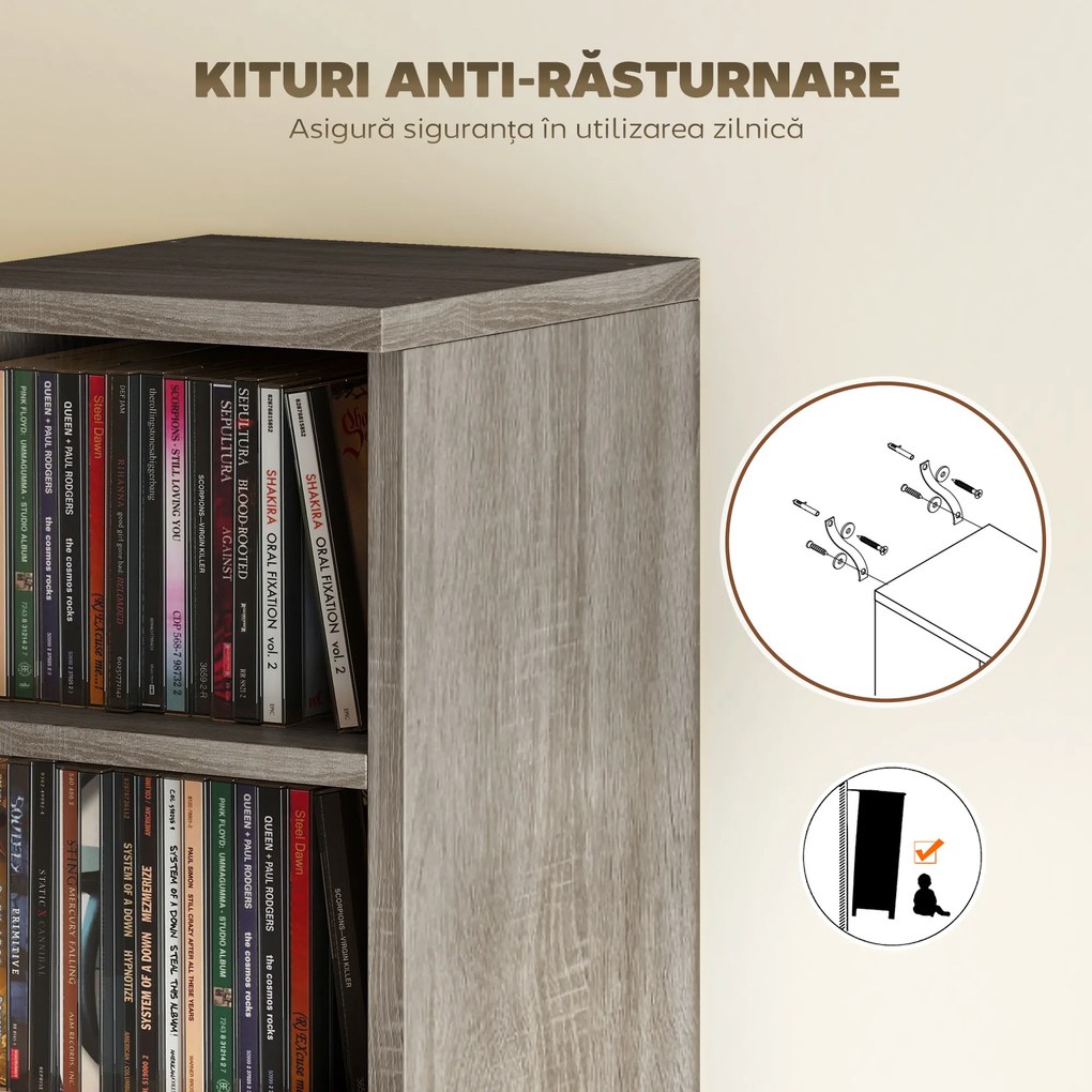 HOMCOM Set de 2 Dulapuri pentru CD-uri cu Polițe Reglabile, Raft pentru 204 CD-uri Economisitor de Spațiu, Dulap Media cu 12 Compartimente, pentru Living, Dormitor, Birou, 21x22,5x88,5cm, Gri Antichizat | Aosom Romania