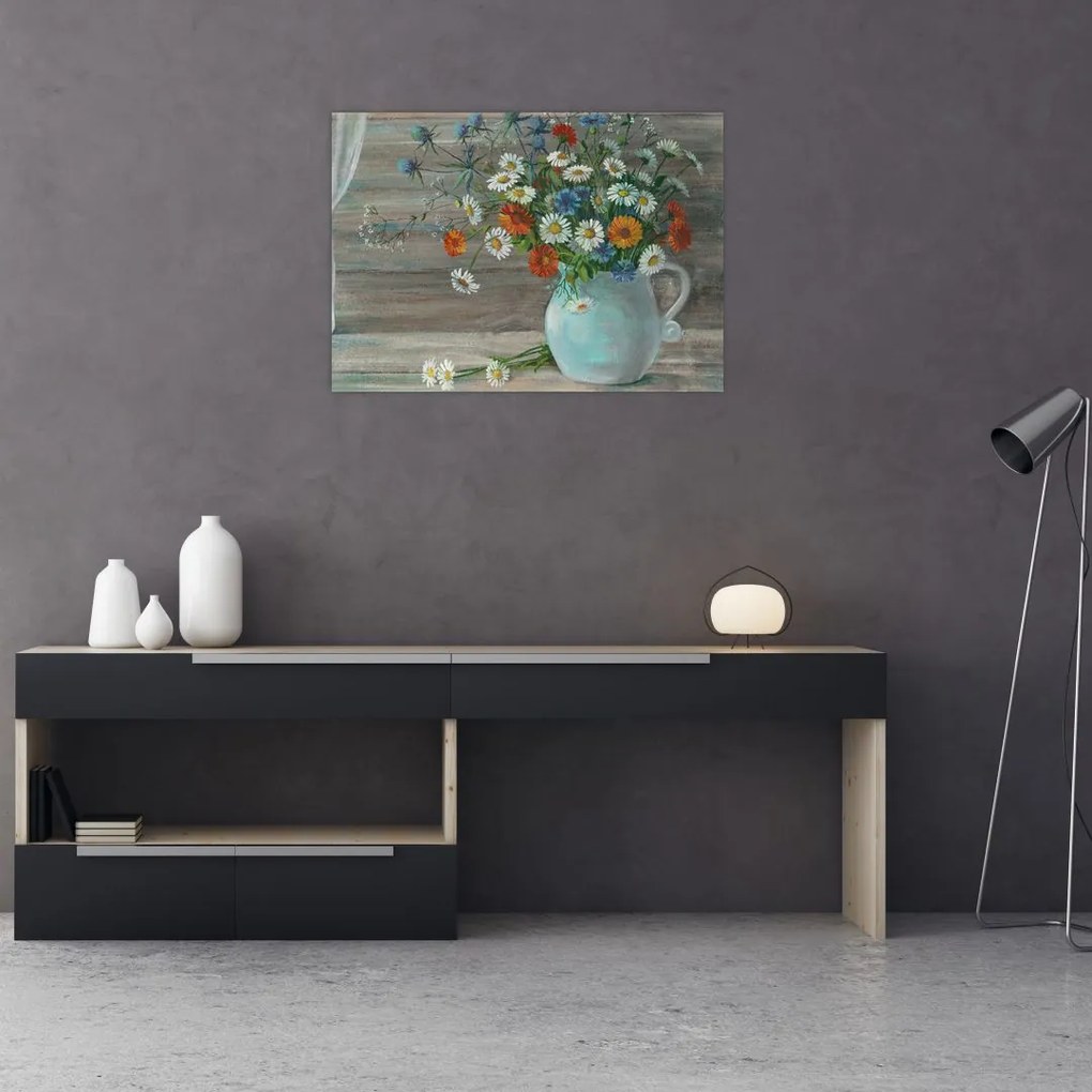 Tablou pe sticlă - Pictură în ulei, flori de câmp (70x50 cm)