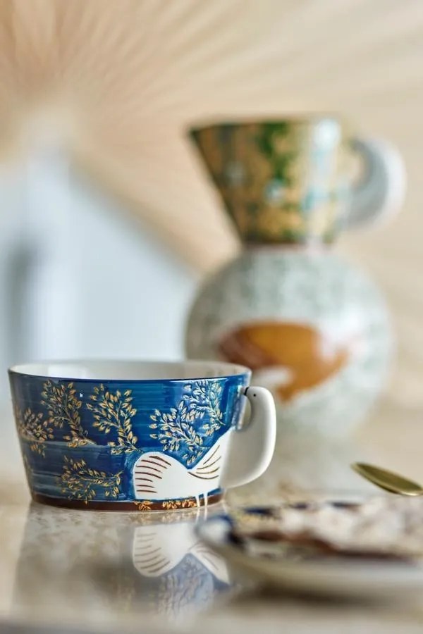 Bol din ceramică albastră cu decor pasăre pictat manual, 13x7 cm, "Hezha"
