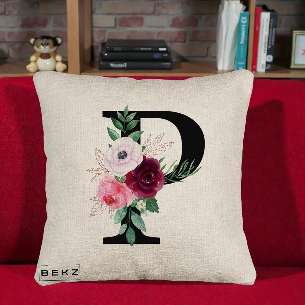 Cadou Personalizat - Perna Personalizata Monograma Florala Litera P, 40x40 cm, Bej Canapea, Husa Detasabila, Perna Inclusa, BEKZ®
