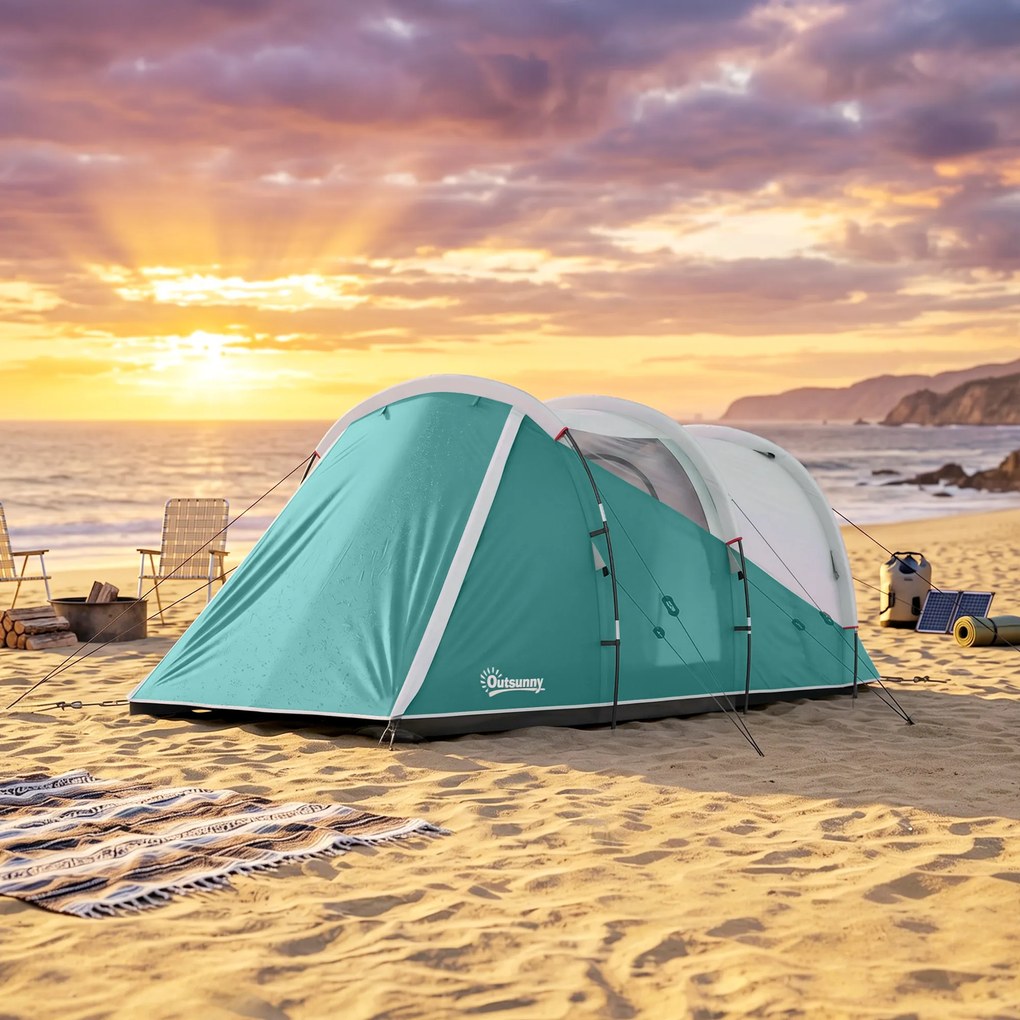 Outsunny Cort de Camping Impermeabil pentru 2-4 Persoane cu Cameră Separată, Cort Tunel cu Geantă de Transport, 460x260x190 cm, Verde | Aosom Romania