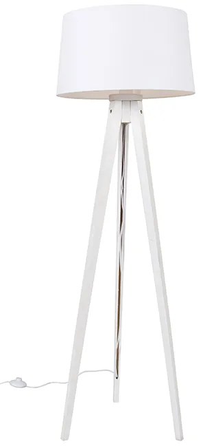 Lampa de podea moderna trepied alb cu abajur din in alb 45 cm - Tripod Classic