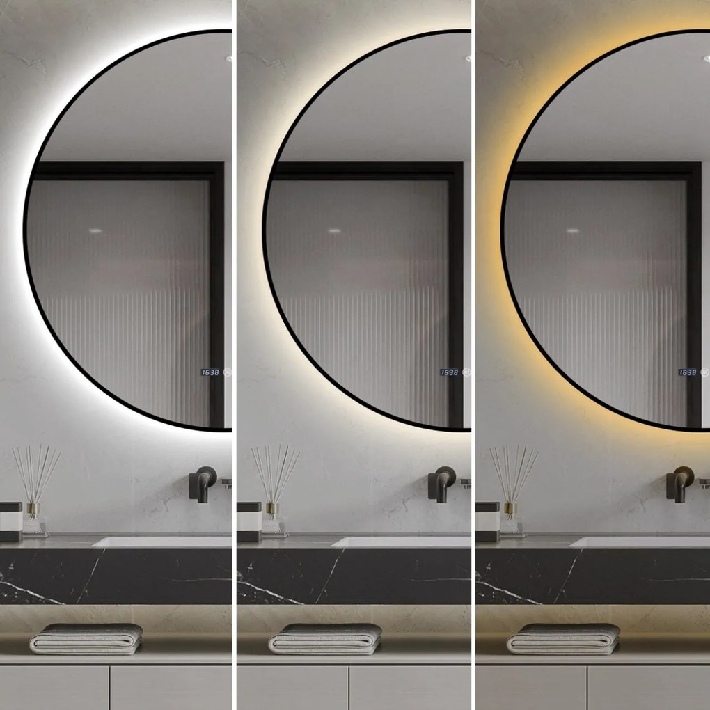Oglindă LED Touch Premium, Dezaburire, Rama Negra, 3 Tipuri Lumină 90 cm